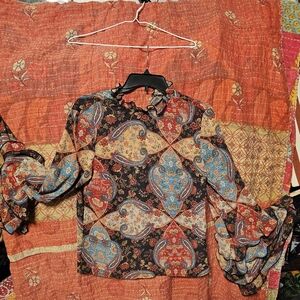 Bohemian Paisley Blouse with Ruffled Bell Sleeves